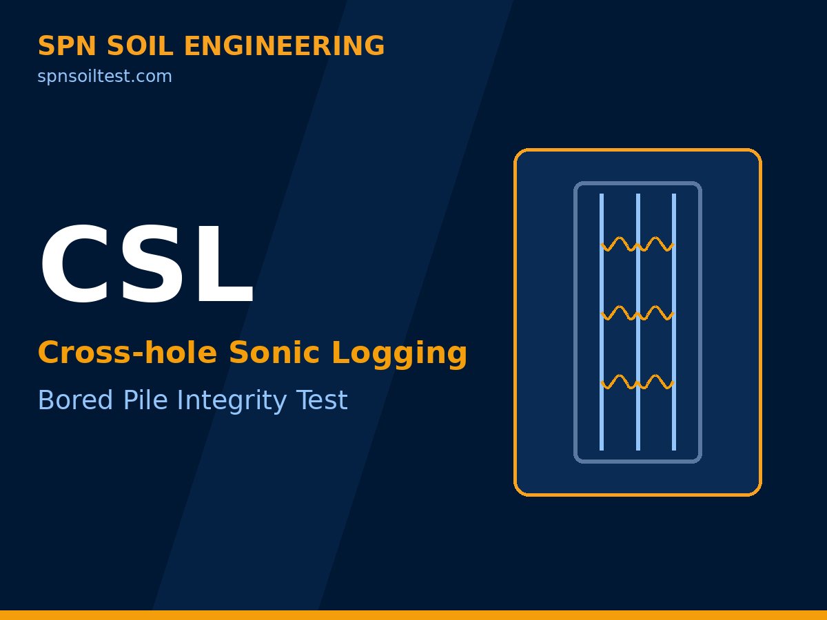 แผนภาพหลักการ Cross Hole Sonic Logging แสดงท่อทดสอบฝังในเสาเข็มเจาะ หัวส่งและหัวรับคลื่นเสียง จุดบกพร่องในเนื้อคอนกรีต และ Waterfall Diagram