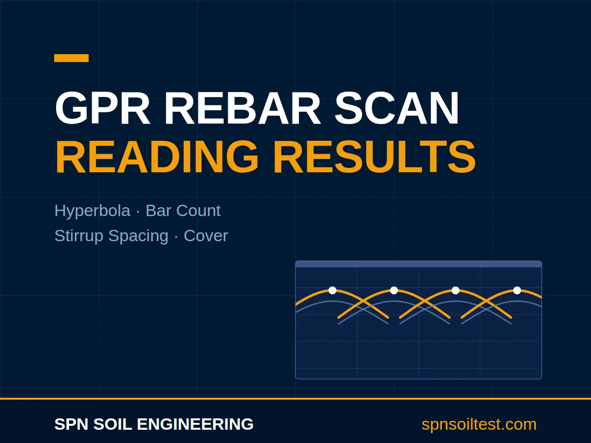 ภาพกราฟิกวิธีอ่านผลสแกน GPR เหล็กเสริม แสดงภาพเรดาร์ยอดโค้ง Hyperbola ที่ใช้นับเหล็กและอ่านระยะหุ้ม
