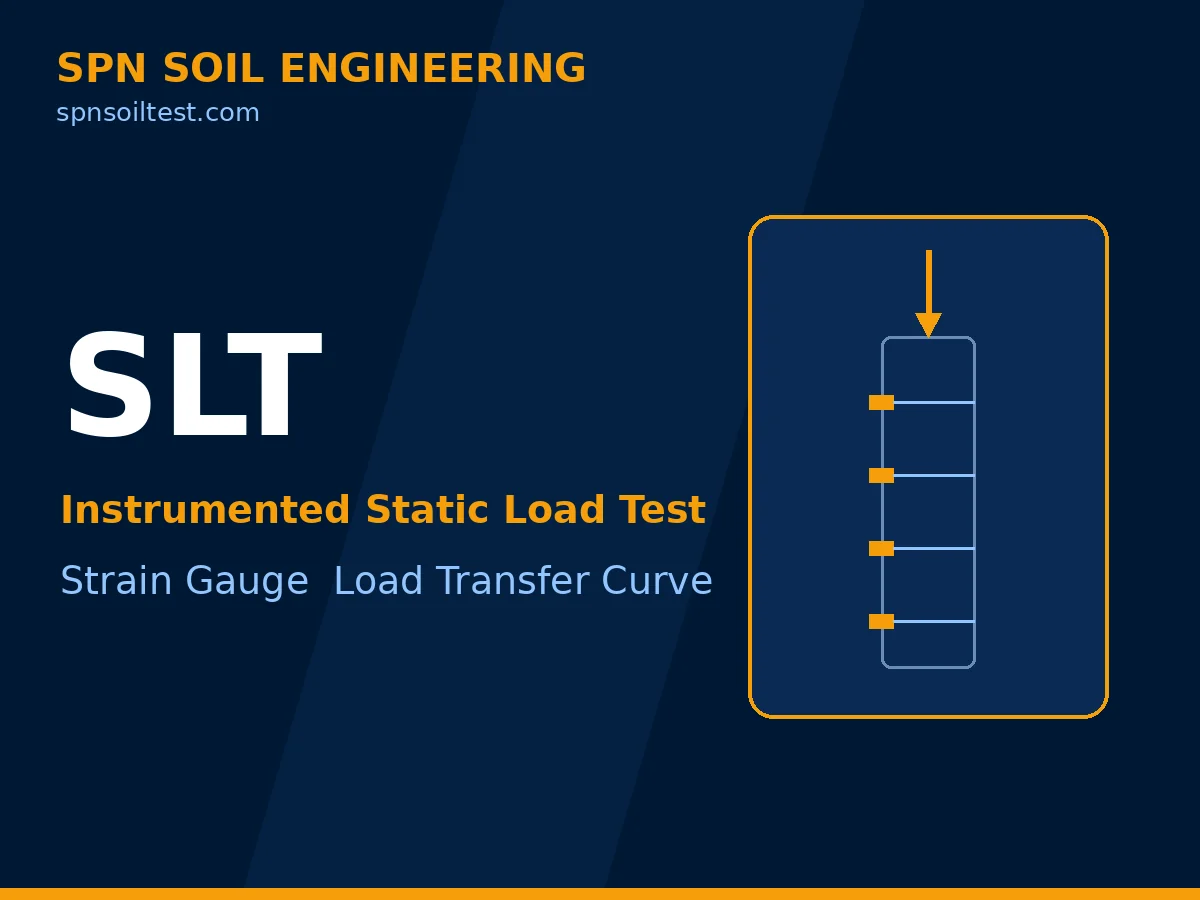 ภาพกราฟิกอธิบาย Instrumented Static Load Test แสดงเสาเข็มที่ติดสเตรนเกจตามความลึกและแรงกดที่หัวเสาเข็ม
