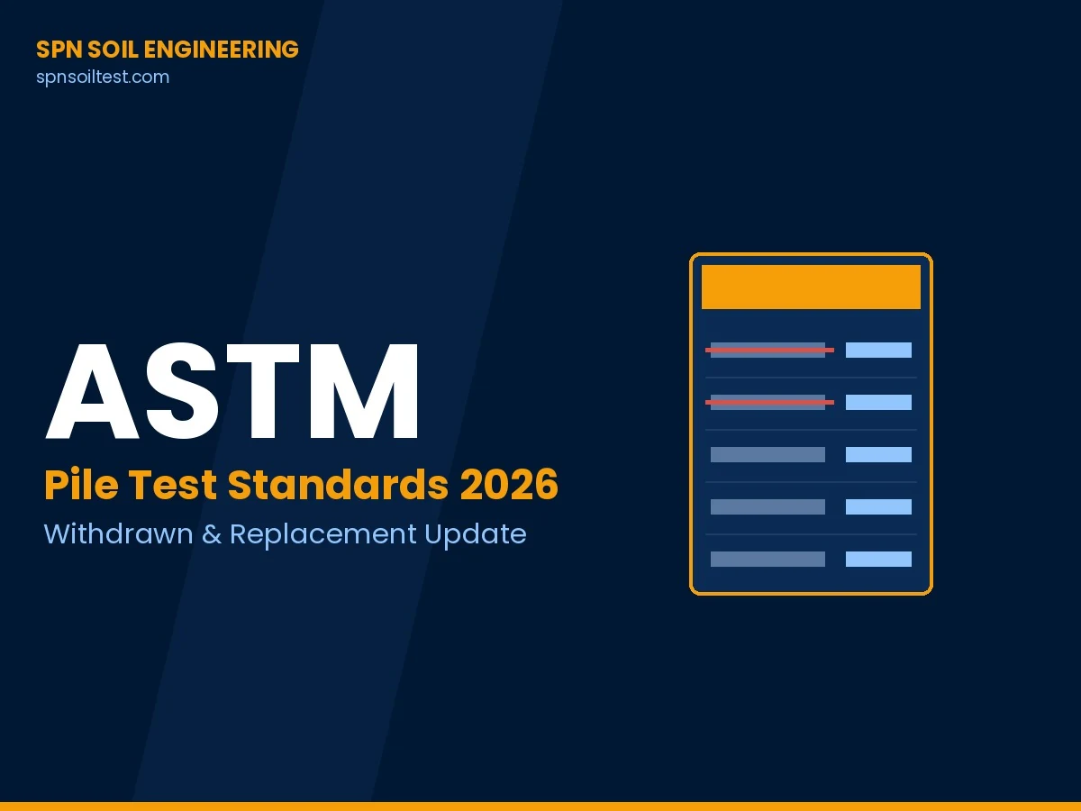 ภาพกราฟิกสรุปสถานะมาตรฐาน ASTM สำหรับงานทดสอบเสาเข็ม แสดงรายการที่ถูกถอนและรายการที่ยังใช้งานได้