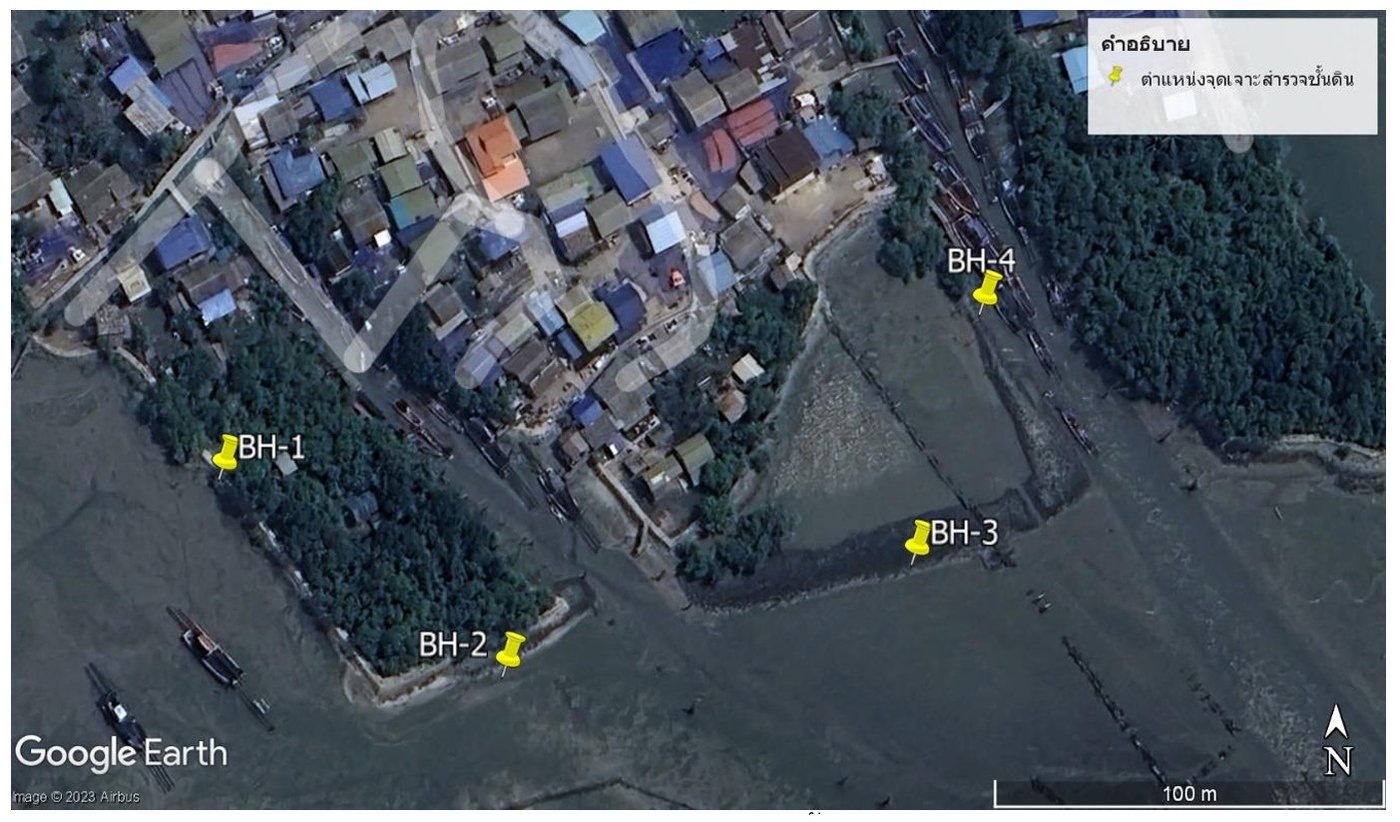 แผนที่ตำแหน่งหลุมเจาะสำรวจดิน BH-1 ถึง BH-4 โครงการพื้นที่ชายฝั่งทะเล ต.บางกระเจ้า อ.เมืองสมุทรสาคร จ.สมุทรสาคร