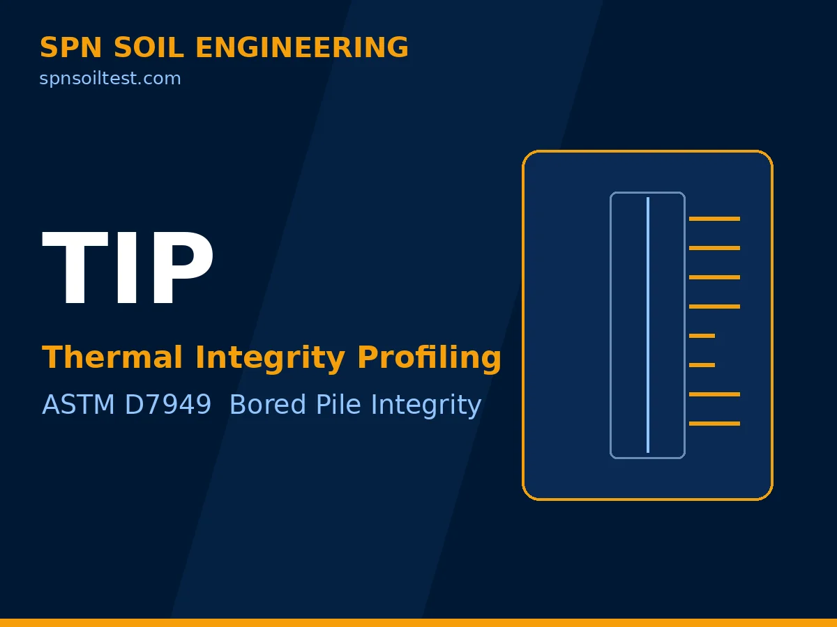 ภาพกราฟิกอธิบาย Thermal Integrity Profiling แสดงเสาเข็มเจาะพร้อมโปรไฟล์อุณหภูมิตามความลึกที่บ่งชี้ช่วงคอนกรีตคอด