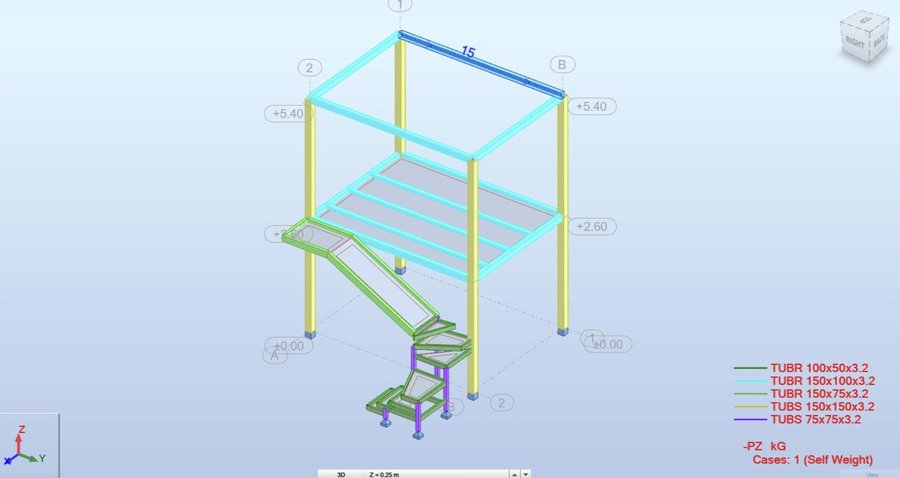 3D Steel Frame — โครงเหล็กพร้อมบันได แสดง Section เหล็กกล่อง TUBR/TUBS
