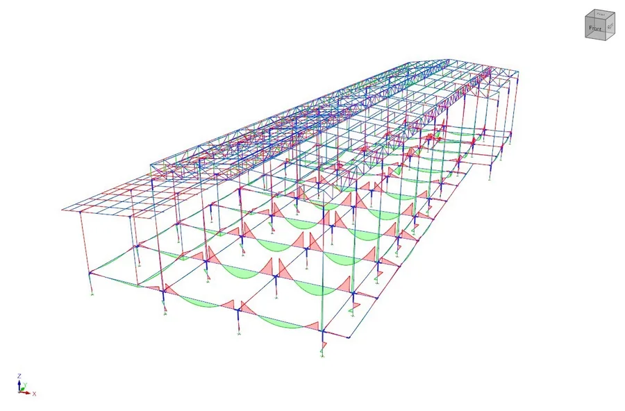 Bending moment diagram of a steel roof frame from structural analysis