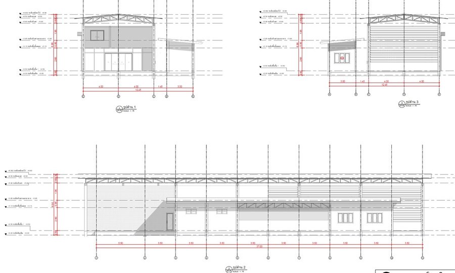 Elevation — รูปด้าน 1, 2, 3 โครงหลังคา ช่องเปิด และระดับ