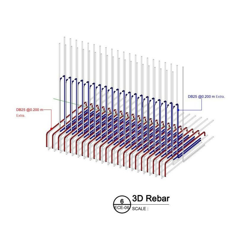 แบบจำลองเหล็กเสริม 3 มิติ กำแพงกันดินคอนกรีตเสริมเหล็ก 3D Rebar Model reinforced concrete retaining wall