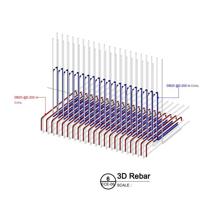 3D rebar model of a reinforced concrete retaining wall