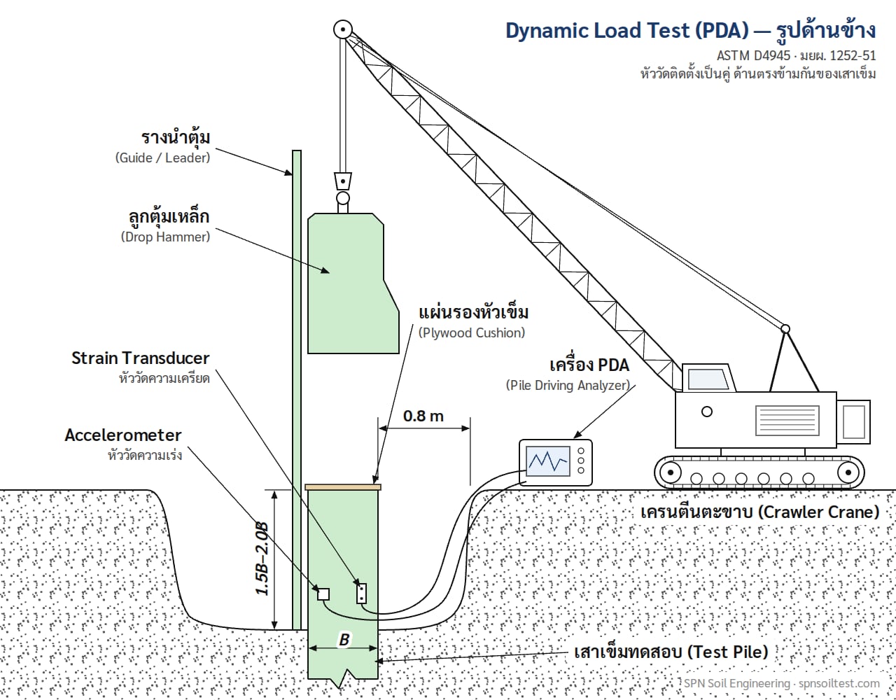รูปด้านข้างการจัดวางอุปกรณ์ Dynamic Load Test (PDA) — เครนตีนตะขาบยกลูกตุ้มเหล็กตามรางนำตุ้ม หลุมขุดรอบหัวเสาเข็มกว้าง 0.8 m ลึก 1.5B–2.0B พร้อมตำแหน่ง Strain Transducer และ Accelerometer