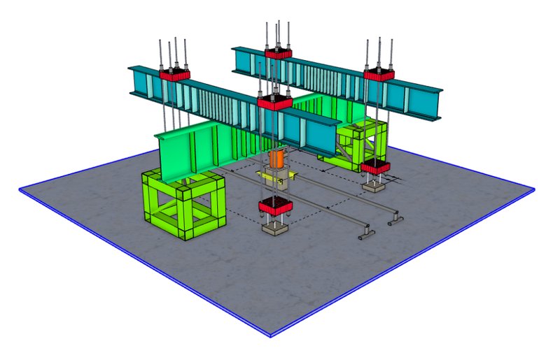 แบบจำลอง 3 มิติ Static Load Test Anchor Pile Method — Test Pile กลาง Anchor Pile รอบข้าง และ Reaction Beam SPN